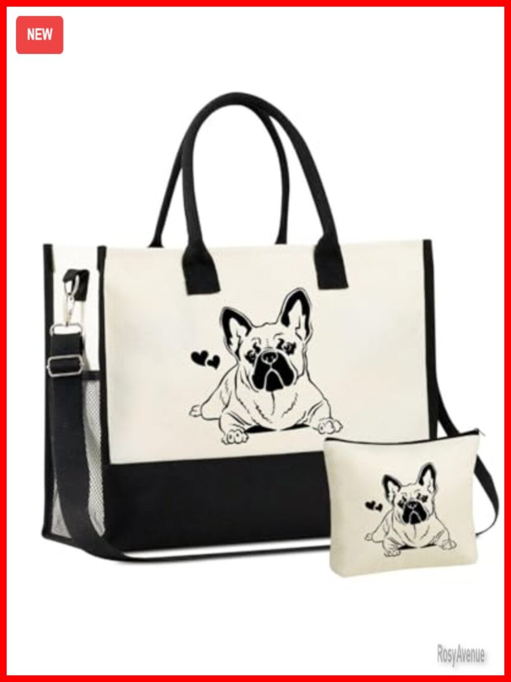 French Bulldog Canvas Tote Bag Set with Makeup Pouch & Ribbons